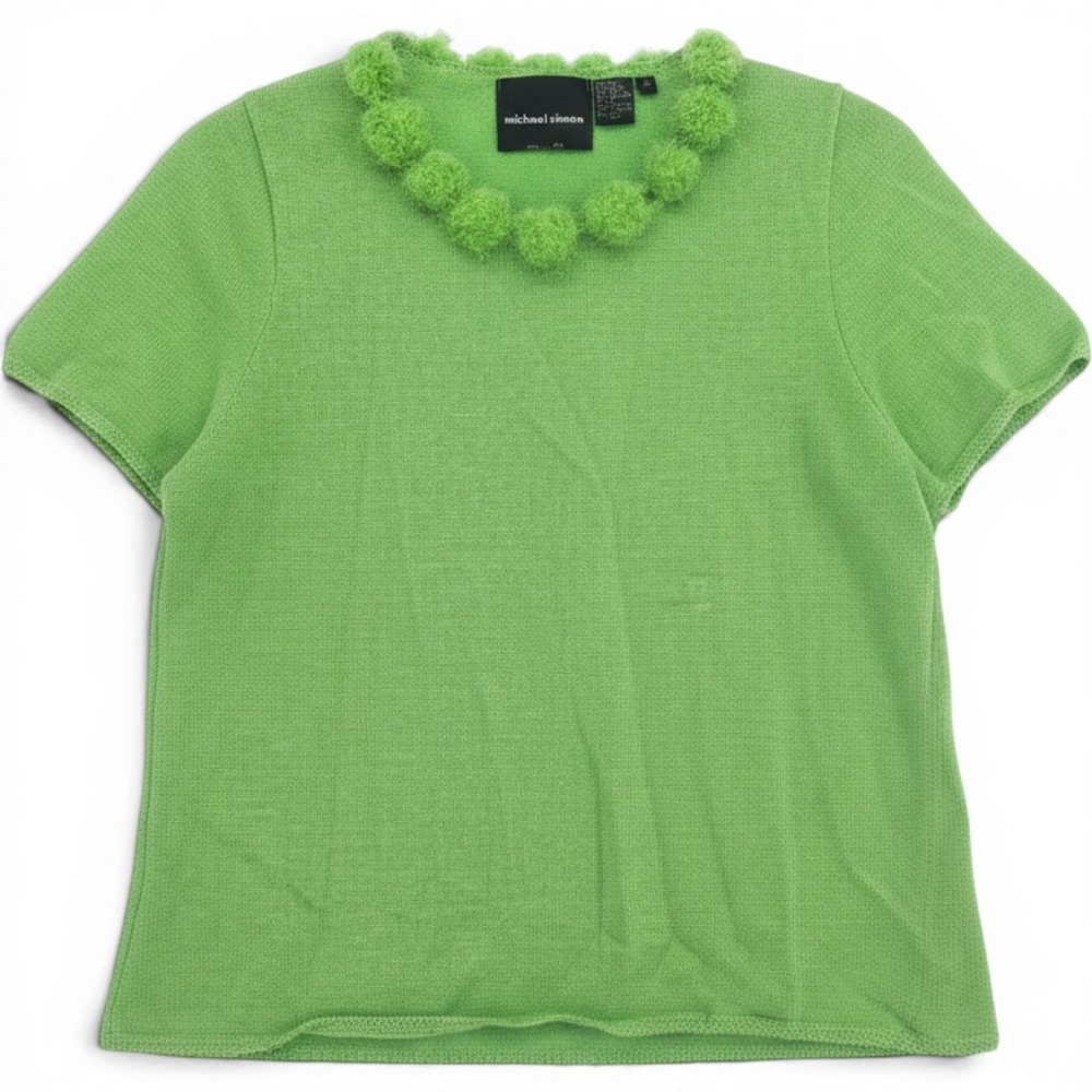 Michael Simon Sweater Top Womens XL Vintage 2001 Pom Pom Lime Green Sparkle EUC